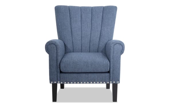 Scarlett Ocean Blue Accent Chair in transitional style with blue polyester fabric upholstery, pleated back, nailhead trim, and memory foam cushion.
