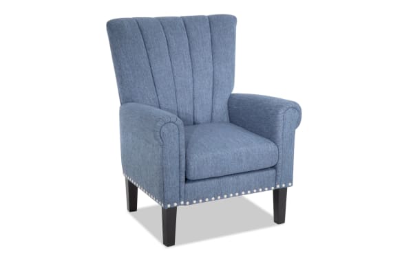 Scarlett Ocean Blue Accent Chair in transitional style with blue cotton-linen polyester fabric, pleated back, nailhead trim, and memory foam cushioning.