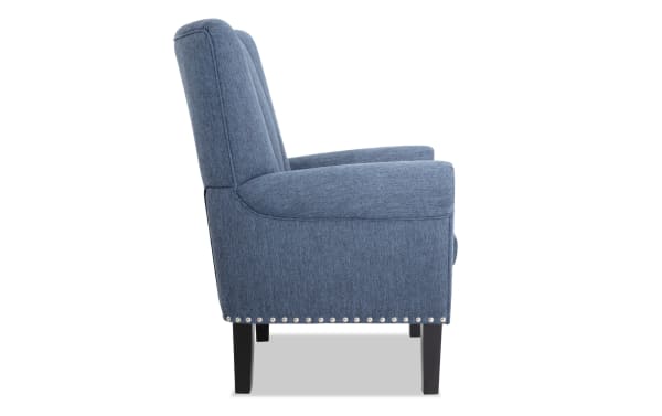Scarlett Ocean Blue Accent Chair in transitional style with blue polyester fabric, pleated back, nailhead trim, and memory foam cushioning.