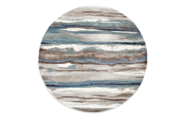 Spa Tones 8' round multi striped rug in multicolored polyester fabric with transitional style, featuring horizontal cosmic hues and textured stripes.