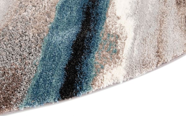 Round Spa Tones 8' multi striped rug in polyester fabric with transitional style, featuring blue, black, beige, and cream cosmic hues for modern decor.