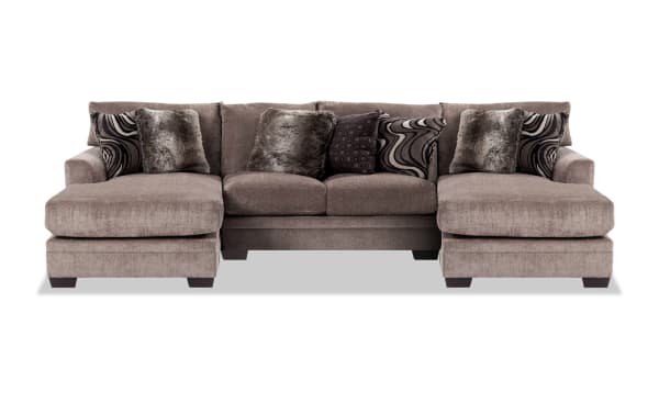 Luxe Gray 147'' 3 Piece Dual Chaise Sectional in gray polyester fabric with plush chenille texture, transitional style, seven accent pillows, and gel memory foam seating for comfort.