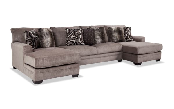Luxe Gray 147'' 3 Piece Dual Chaise Sectional in gray polyester fabric with chenille texture, transitional style, seven plush accent pillows, and gel memory foam seating.