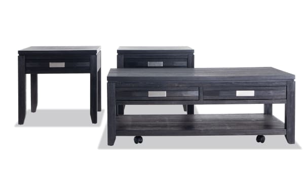 Contemporary Elevations Black Storage Coffee and 2 End Table Set in acacia veneer, plywood, MDF, with drawers and bottom shelves for living room storage.