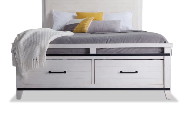 Montana Queen White Storage Platform Bed in rustic pine solids and veneer, featuring two large footboard drawers, black metal accents, and a whitewashed finish.
