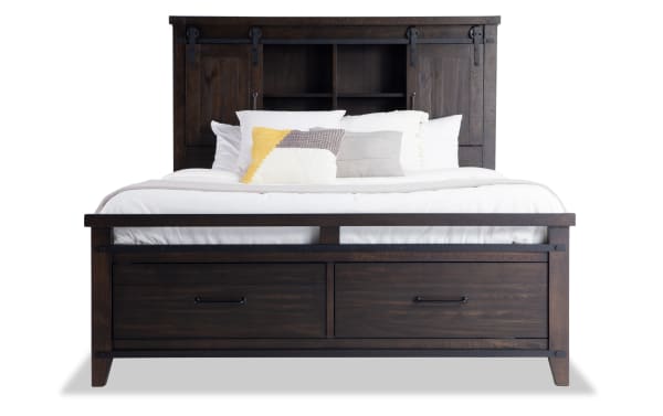 Montana Queen Brown Bookcase Storage Bed in rustic pine solids and veneer with dark brown finish, headboard cabinets, power outlets, USB ports, and two foot drawers.