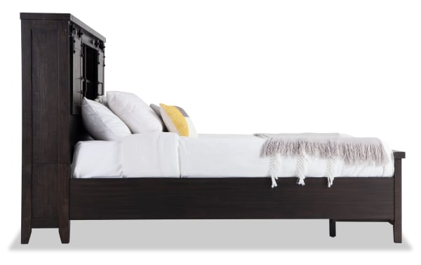 Montana Queen Brown Bookcase Storage Bed in rustic pine solids and veneer, featuring built-in headboard cabinets, storage drawers, and USB/power ports.