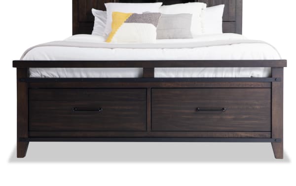 Montana Queen Brown Bookcase Storage Bed in rustic pine solids and veneer with dark finish, featuring two large footboard drawers for extra storage.