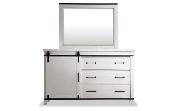 Montana White 5 Drawer Dresser & Mirror in rustic white finish, made of MDF, pine solids, and pine veneer, featuring black metal hardware and soft-closing drawers from the Montana Bedroom collection.