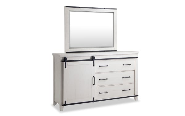 Montana White 5 Drawer Dresser & Mirror in rustic white finish, MDF and pine solids with black metal hardware, soft-closing drawers, and sliding barn door.