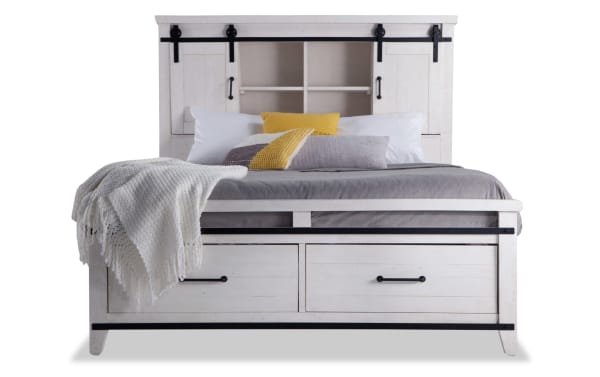 Montana 5 Piece Queen White Bookcase Storage Bedroom Set in rustic pine solids and MDF with white finish, featuring a bookcase bed with cabinets, USB ports, power outlets, and dual storage drawers in the footboard.