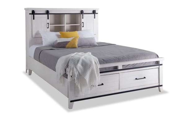 Montana 5 Piece Queen White Bookcase Storage Bedroom Set in rustic pine solids and MDF with white finish, featuring a bookcase bed with cabinets, USB ports, power outlets, and footboard storage drawers.
