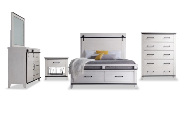 Montana 5 Piece Queen White Storage Platform Bedroom Set in rustic pine solids and veneer. Includes bookcase bed with storage drawers, USB ports, power outlets, nightstand with basket, dresser, and chest with soft-closing, felt-lined drawers.