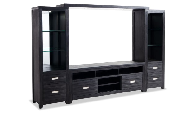 Elevations 114'' Black 4 Piece Entertainment Center in contemporary style with MDF, acacia veneers, glass shelves, recessed lighting, and ample storage.