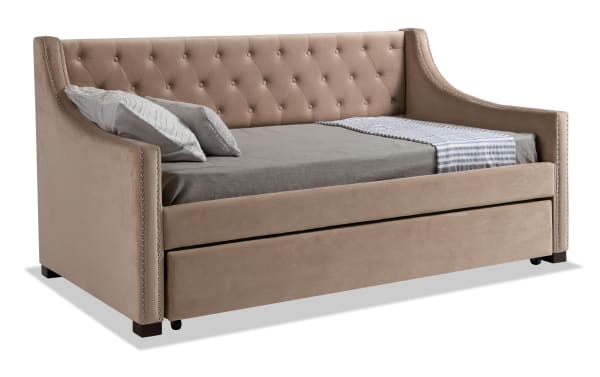 Chloe Twin Beige Upholstered Daybed with Twin Trundle in glam style, beige polyester fabric, tufted backrest, elegant nailhead trim, and pull-out guest trundle.