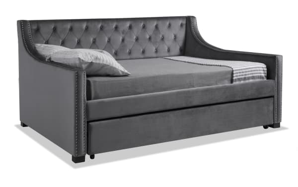 Chloe Full Gray Upholstered Daybed with Twin Trundle in glam style, featuring gray polyester fabric, tufted backrest, and nailhead trim detailing.