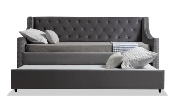 Chloe Twin Gray Upholstered Daybed with Trundle and 2 Perfection Mattresses, gray polyester fabric, tufted backrest, nailhead trim, glam style