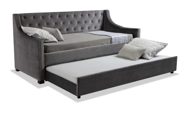 Chloe Twin Gray Upholstered Daybed with Trundle and 2 Perfection Mattresses, gray polyester fabric, tufted backrest, nailhead trim, glam style.