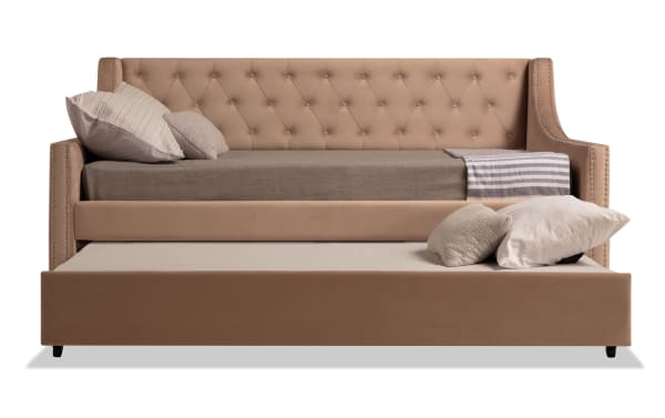 Chloe Full Beige Upholstered Daybed with Twin Trundle, beige polyester fabric, tufted backrest, nailhead trim, Glam style, includes 2 Perfection mattresses.