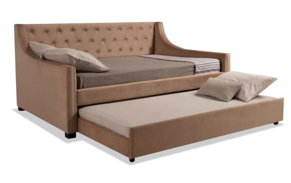 Chloe Full Beige Upholstered Daybed with Twin Trundle in beige polyester fabric, featuring tufted backrest, nailhead trim, and two Perfection mattresses.