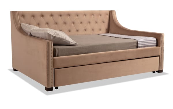 Beige Chloe Full Upholstered Daybed with Twin Trundle, tufted backrest, nailhead trim, and two Perfection mattresses in polyester fabric.