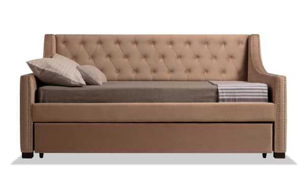 Chloe Full Beige Upholstered Daybed with Twin Trundle, tufted polyester fabric, nailhead trim, glam style, includes 2 Perfection mattresses
