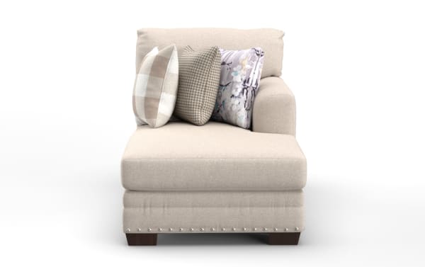 Beige Cottage Chic right arm facing chaise with farmhouse style, polyester fabric upholstery, nailhead trim, gel memory foam cushion, and three decorative pillows.