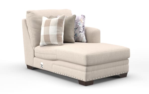 Cottage Chic Beige Right Arm Facing Chaise in farmhouse style with beige polyester fabric, nailhead trim, Bob-O-Pedic Gel Memory Foam, and decorative pillows.
