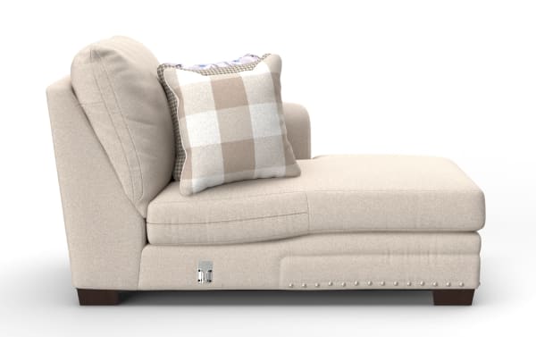 Beige Cottage Chic right arm facing chaise with farmhouse style, polyester fabric upholstery, nailhead trim, gel memory foam, and plaid accent pillows.