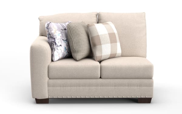 Beige Cottage Chic left arm facing loveseat with polyester fabric upholstery, farmhouse style, nailhead trim, gel memory foam cushions, and three decorative pillows.