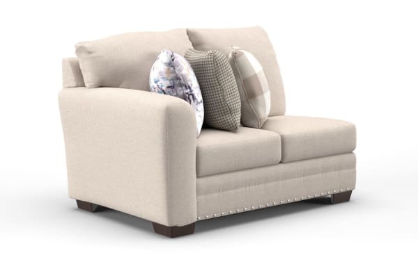 Cottage Chic Beige Left Arm Facing Loveseat in farmhouse style with beige polyester fabric, nailhead trim, Bob-O-Pedic Gel Memory Foam, and three decorative pillows.