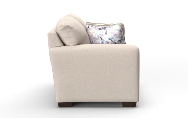 Beige Cottage Chic left arm facing loveseat in farmhouse style with soft polyester fabric, nailhead accents, gel memory foam, and decorative pillows.