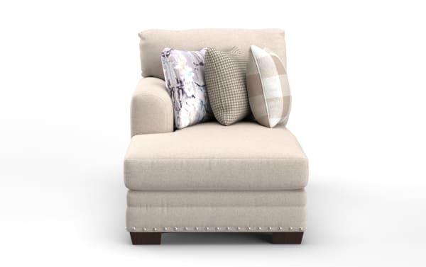 Beige Cottage Chic left arm facing chaise with farmhouse style, polyester fabric upholstery, nailhead trim, and three decorative accent pillows.