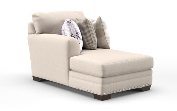 Beige Cottage Chic left arm facing chaise with farmhouse style, polyester fabric upholstery, nailhead trim, gel memory foam cushion, and decorative pillows.