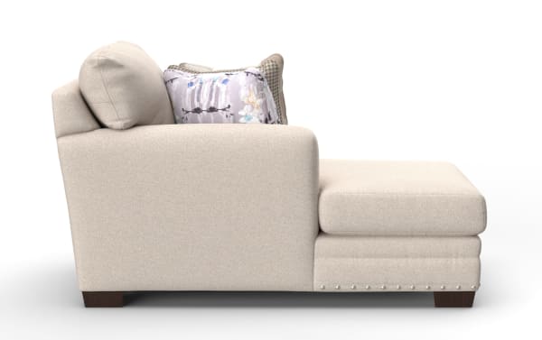 Beige Cottage Chic left arm facing chaise with farmhouse style, polyester fabric upholstery, nailhead trim, memory foam cushion, and decorative pillows.