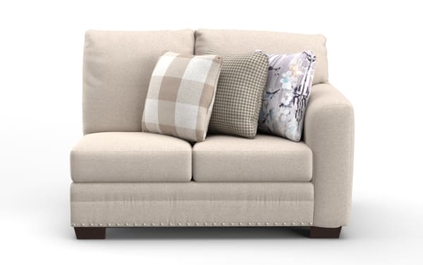 Beige Cottage Chic right arm facing loveseat with farmhouse style, polyester fabric upholstery, nailhead trim, gel memory foam cushions, and three decorative pillows.