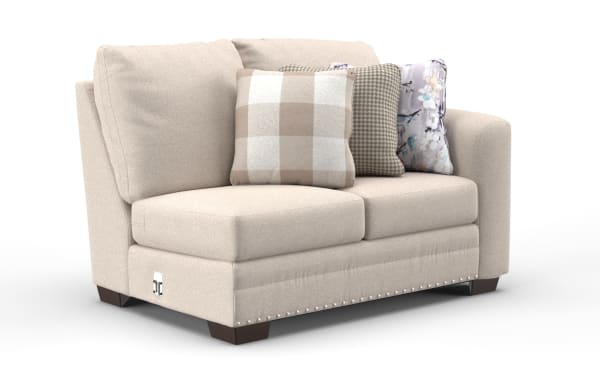 Beige Cottage Chic right arm facing loveseat with farmhouse style, polyester fabric upholstery, nailhead trim, gel memory foam cushions, and three decorative pillows.