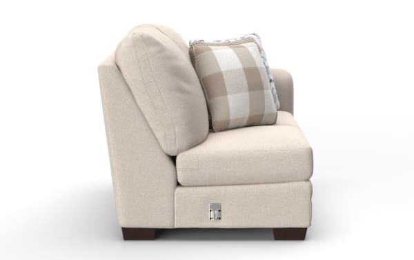 Beige Cottage Chic right arm facing loveseat with plush polyester fabric upholstery, farmhouse style, gel memory foam cushions, and decorative accent pillows.