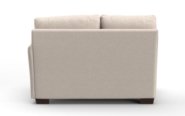 Beige Cottage Chic right arm facing loveseat in farmhouse style with polyester fabric upholstery and plush back cushions, featuring wood legs.