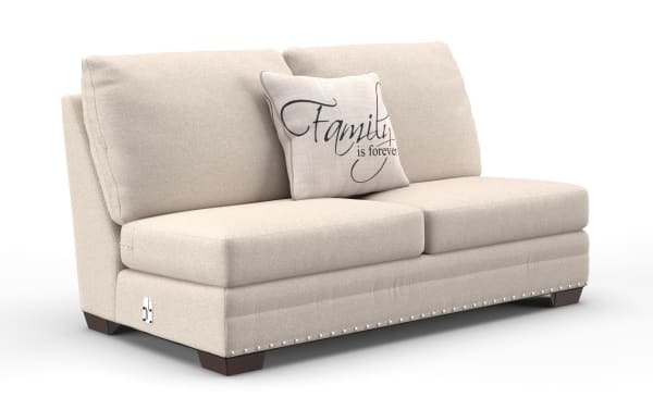 Beige Cottage Chic Queen armless sleeper sofa frame in farmhouse style, polyester fabric upholstery, with two back cushions and "Family is forever" accent pillow. Mattress sold separately.