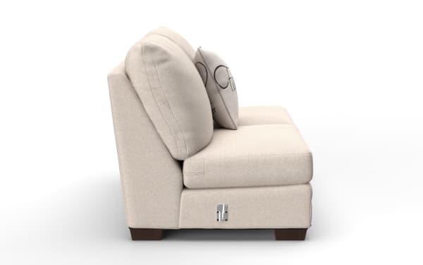 Cottage Chic beige queen armless sleeper sofa frame in farmhouse style, upholstered in soft polyester fabric with plush cushions. Mattress sold separately.