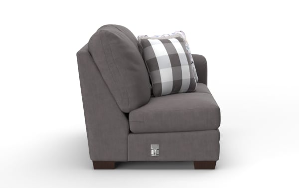 Gray fabric loveseat sofa with plush cushions and a checkered throw pillow, featuring wooden legs and a metal recliner lever on the side.
