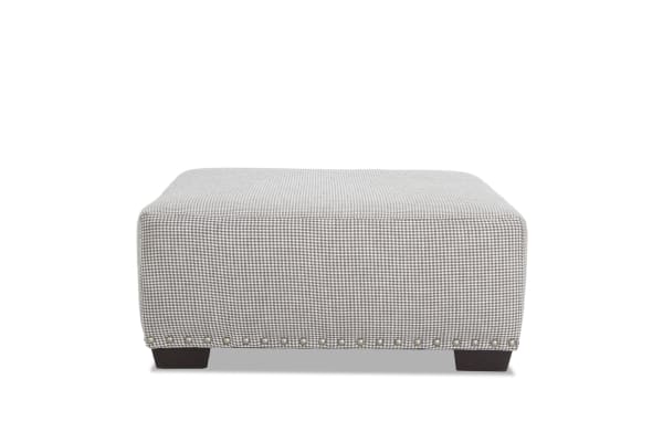 Cottage Chic Gray Ottoman with traditional style, gray polyester fabric upholstery, nailhead trim, and memory foam cushioning for living room comfort.