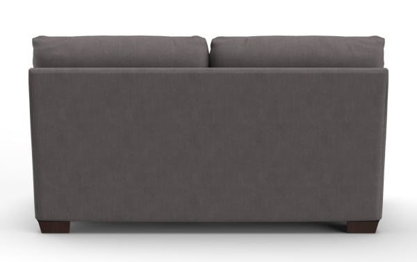 Dark gray fabric loveseat with clean lines, plush back cushions, and wooden block legs, suitable for modern living rooms.