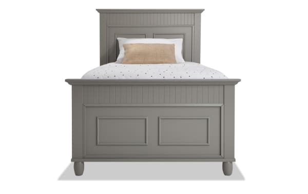 Spencer Twin Gray Panel Bed in transitional style with hardwood solids, MDF, and poplar construction, featuring a classic gray paneled headboard and footboard.