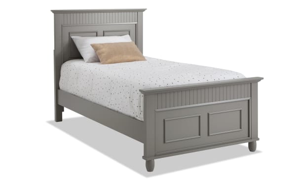 Spencer Twin Gray Panel Bed in transitional style with hardwood solids, MDF, plywood, and poplar construction, featuring paneled headboard and footboard.