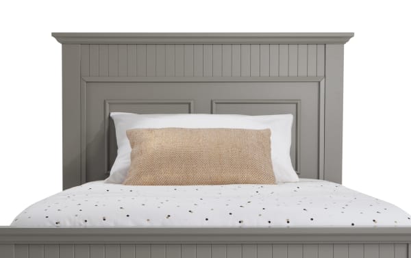 Spencer Twin Gray Panel Bed in transitional style with gray hardwood solids, MDF, and poplar frame, featuring classic paneled headboard and footboard.