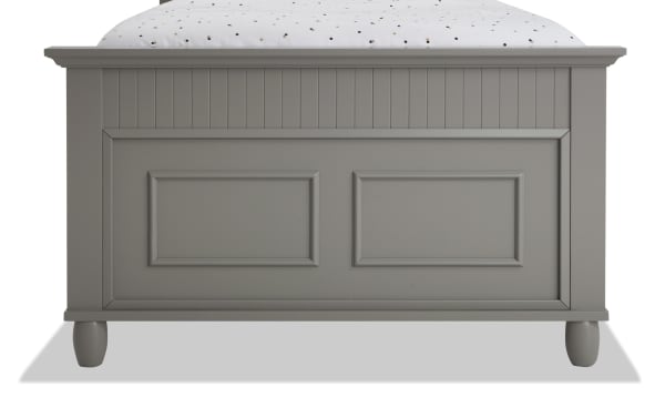 Gray Spencer Twin Panel Bed footboard showcasing transitional style with hardwood solids, MDF, plywood, and poplar construction, featuring paneled design and tapered legs.