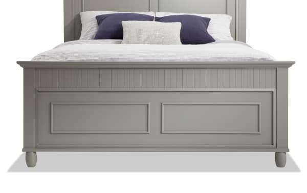 Spencer Queen Gray Panel Bed in transitional style, featuring hardwood solids, MDF, plywood, and poplar with a sleek gray finish and classic paneled design.