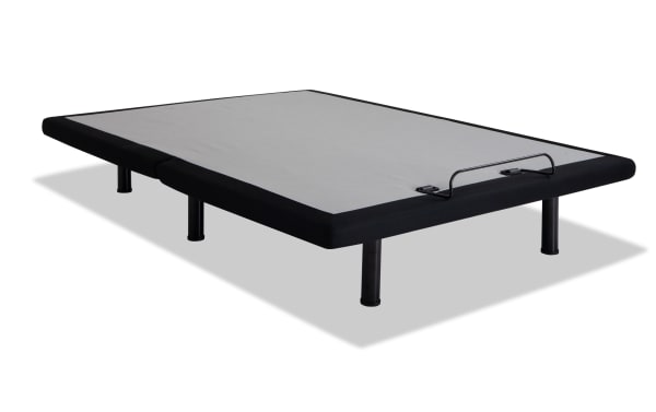 Power Bob Elite Full Adjustable Base with black fabric frame, gray top panel, six black legs, and metal mattress retainer bar for secure support.